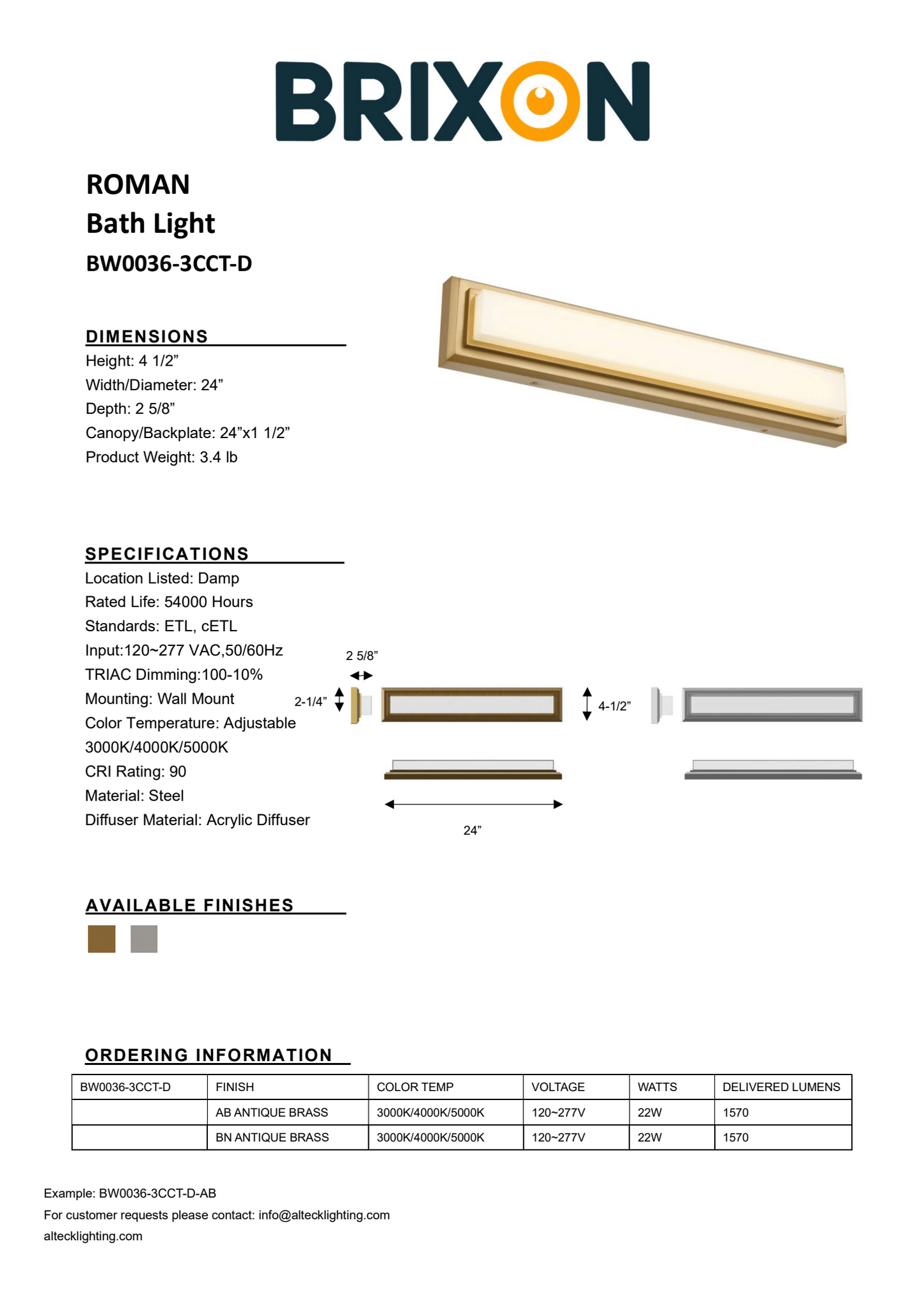 Roman 24" Brushed Nickel Integrated LED Bathroom Vanity Light Bar