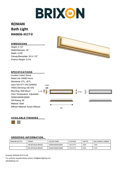 Roman 24" Antique Brass Integrated LED Bathroom Vanity Light Bar